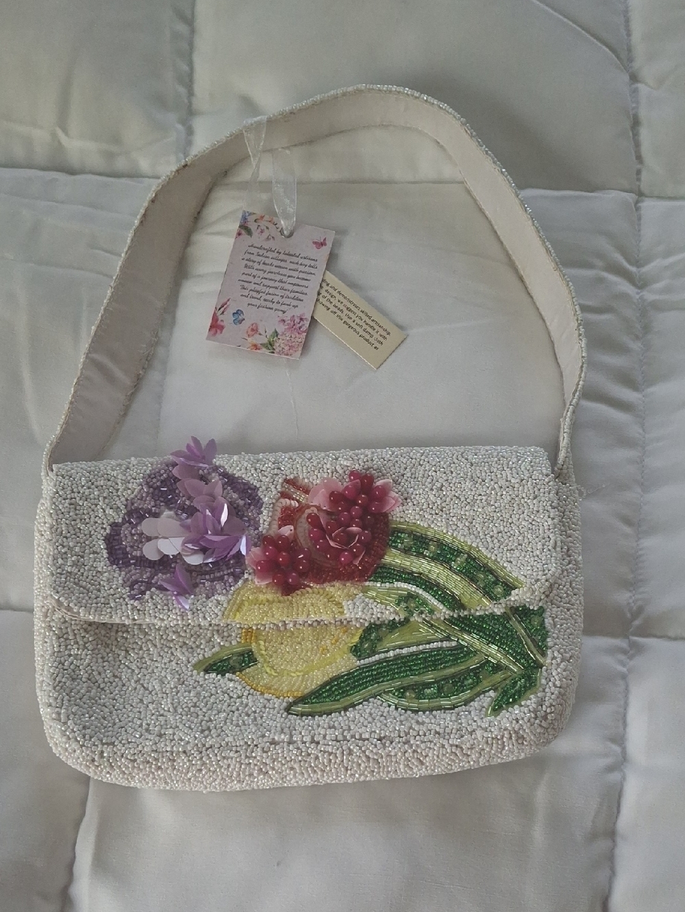Beaded White Floral Appliqué Clutch with Shoulder Strap